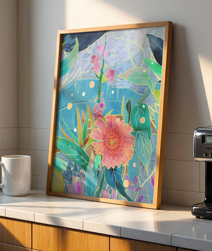 Kunst abstrak bunga yang berwarna-warni dengan bunga dan daun yang cerah