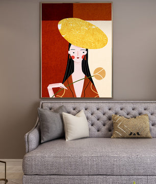Elegant Woman with a Gold Hat and a Flower on a Red Background - Mi tienda
