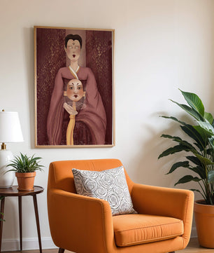 Ilustración de una figura mística con máscara y fondo ornamentado