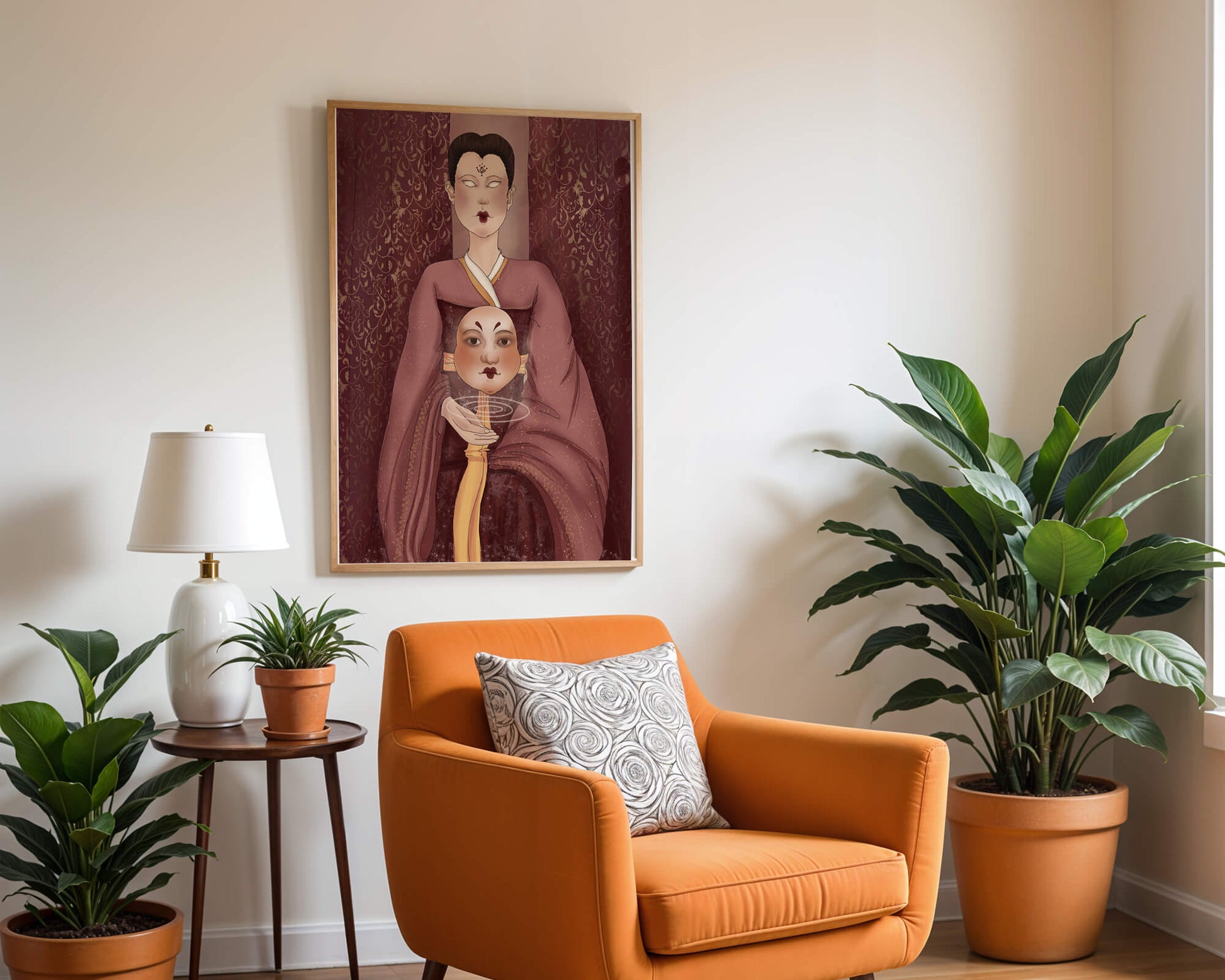 Ilustración de una figura mística con máscara y fondo ornamentado