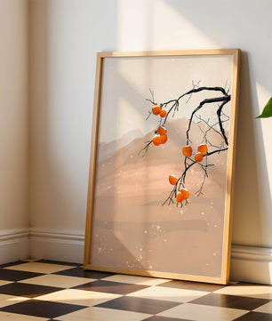 Branch with Persimmons and Snow in Minimalistic Landscape