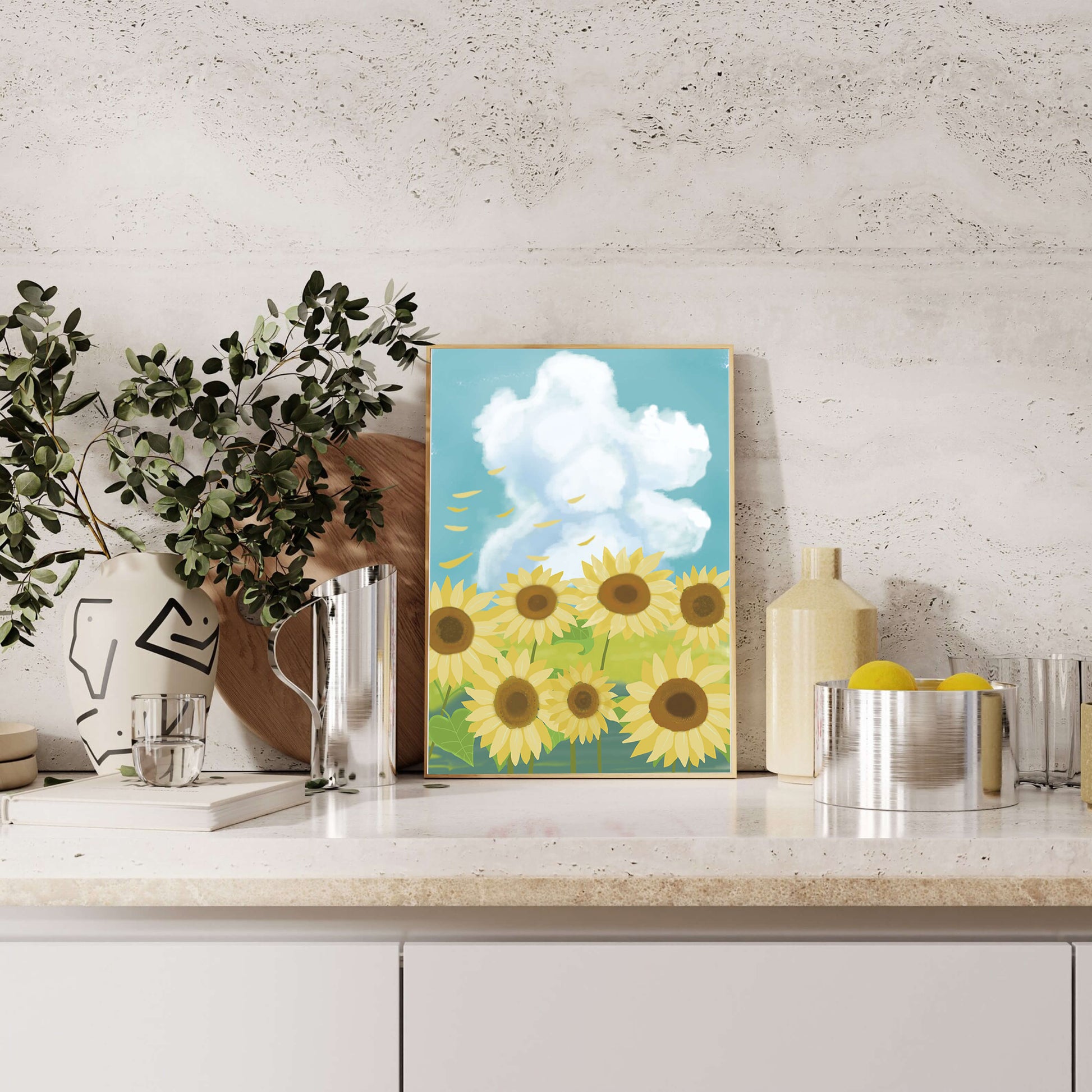 Girasoles en un prado brillante con cielo azul y nubes