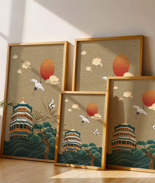 Traditional Asian art with cranes and temple at sunset