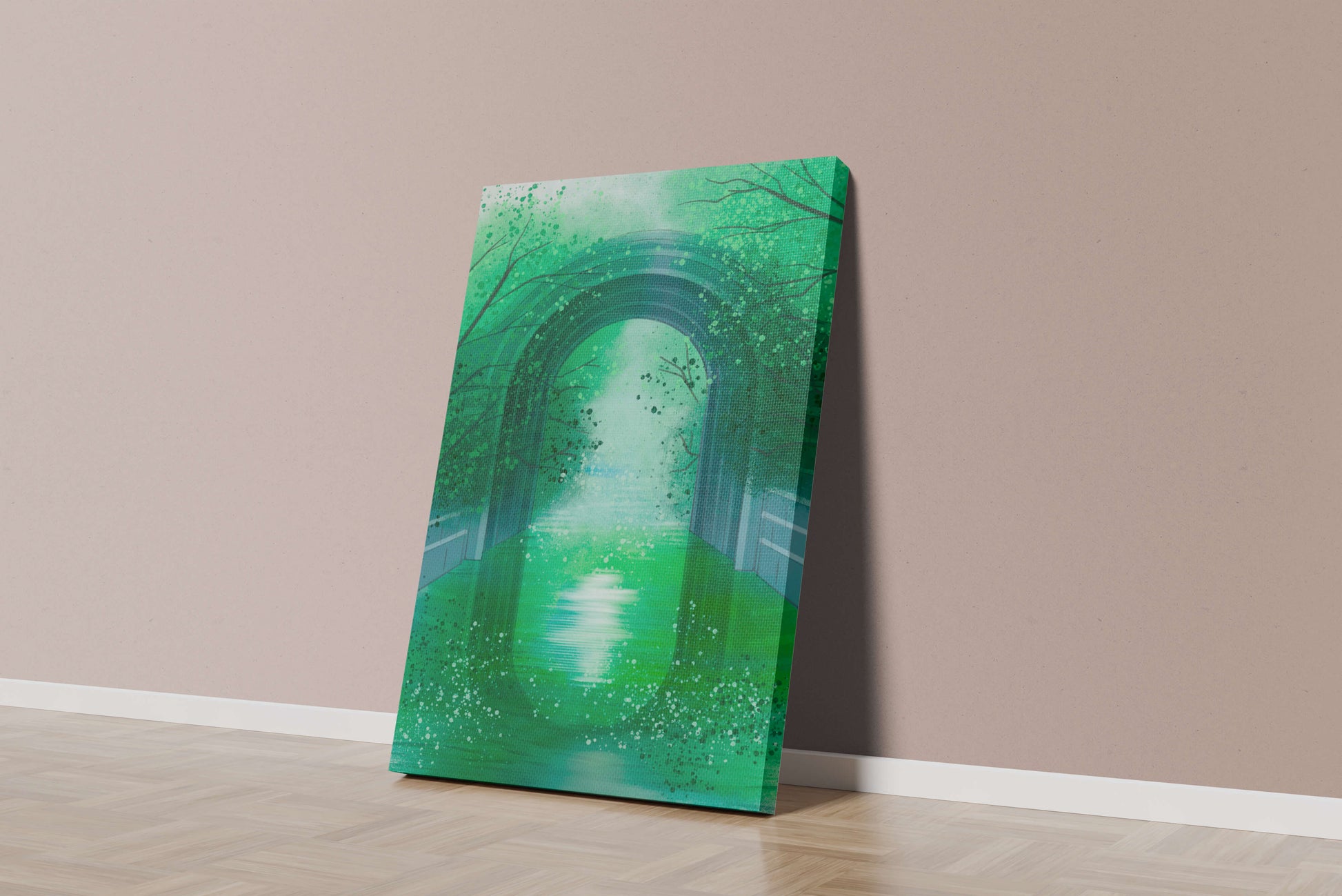 A serene green garden tunnel with reflective water