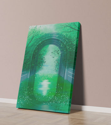 A serene green garden tunnel with reflective water