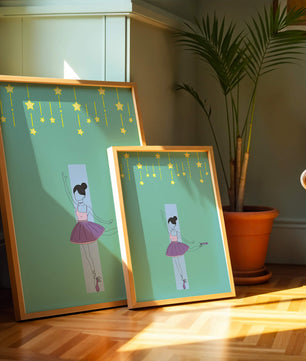 Elegant ballerina illustration with stars on a teal background