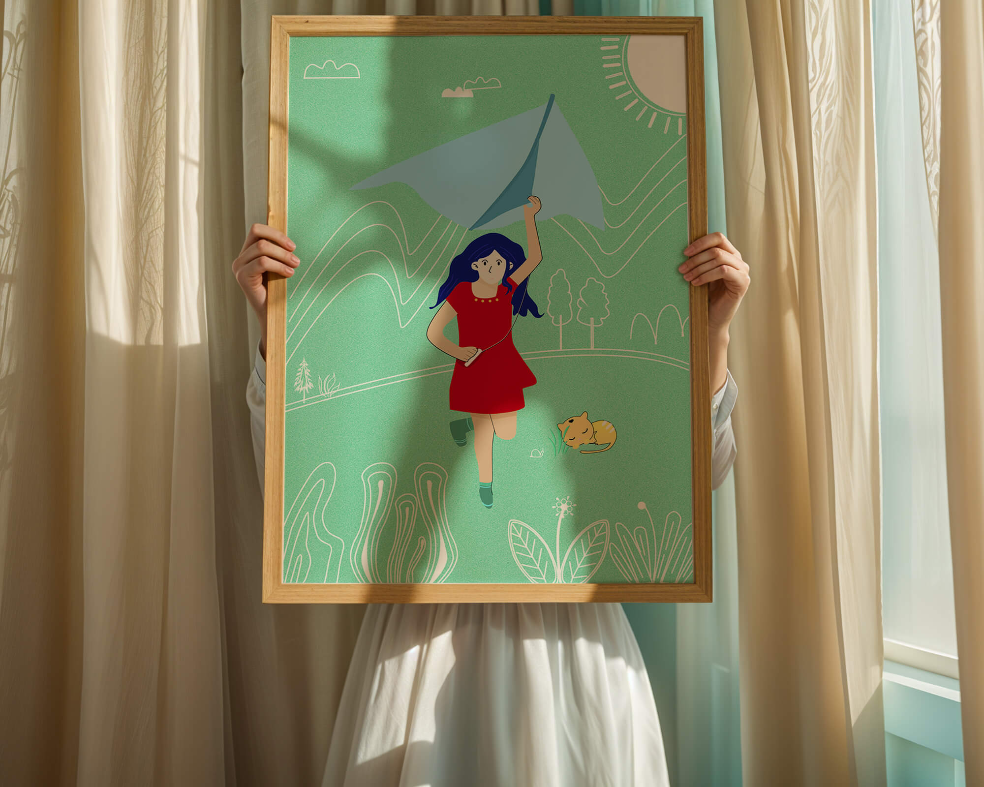 Illustration of a girl with a kite in a whimsical landscape