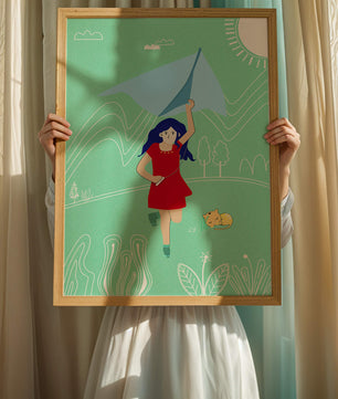 Illustration d'une fille avec un cerf-volant dans un paysage fantaisiste
