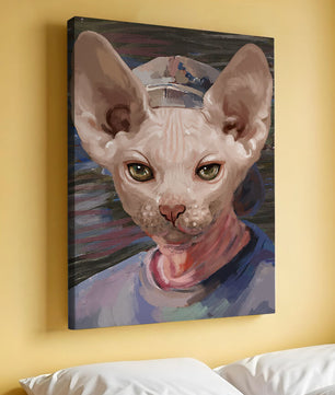 Painted portrait of a sphynx cat wearing a casual cap