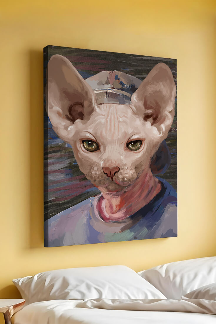 Painted portrait of a sphynx cat wearing a casual cap