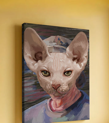 Painted portrait of a sphynx cat wearing a casual cap