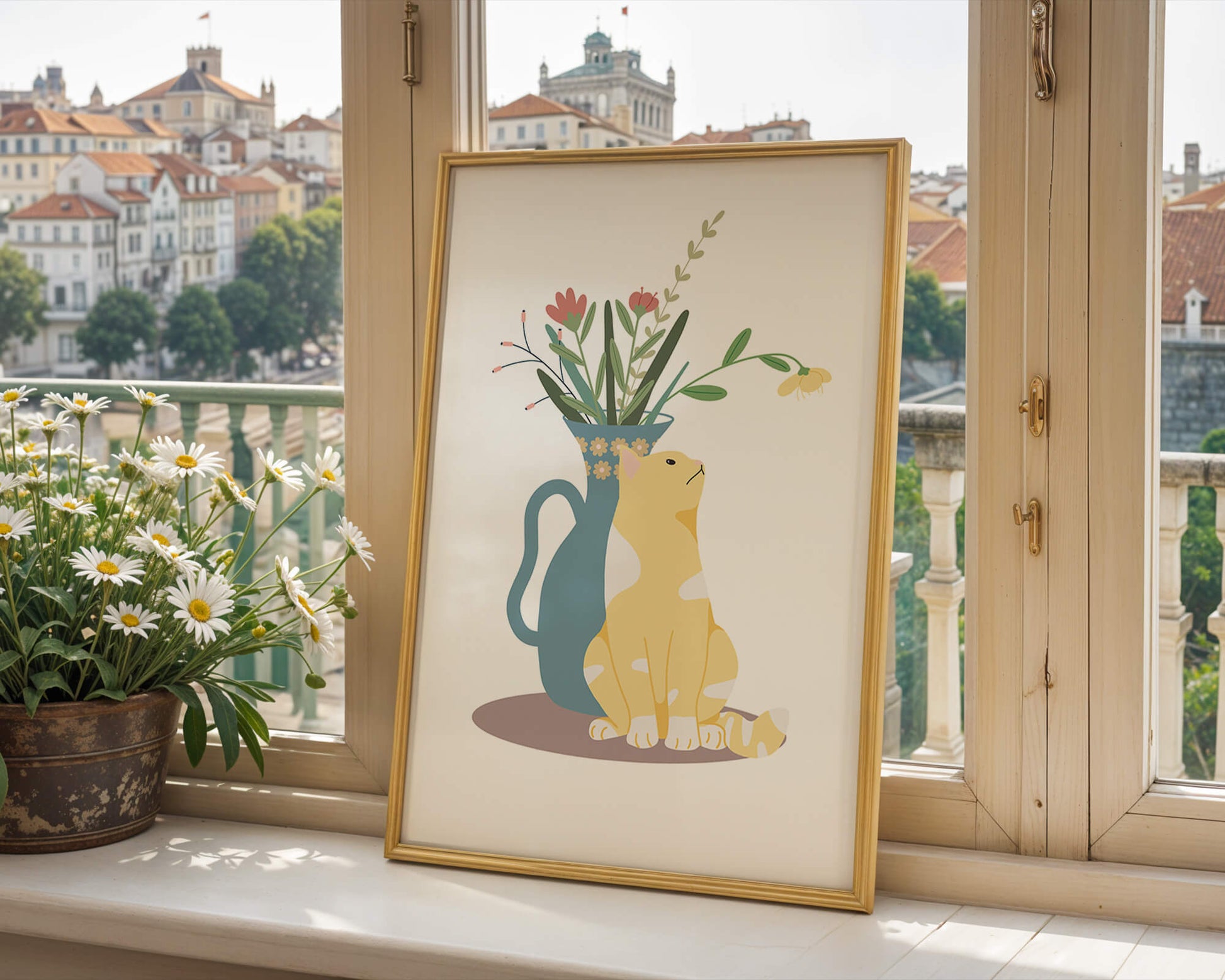 Illustration of a cat sitting beside a floral vase