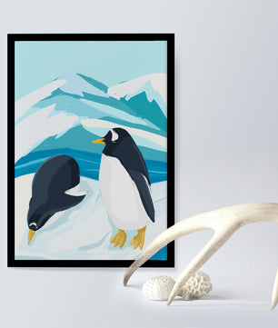 Gentoo penguins in an Antarctic landscape illustration