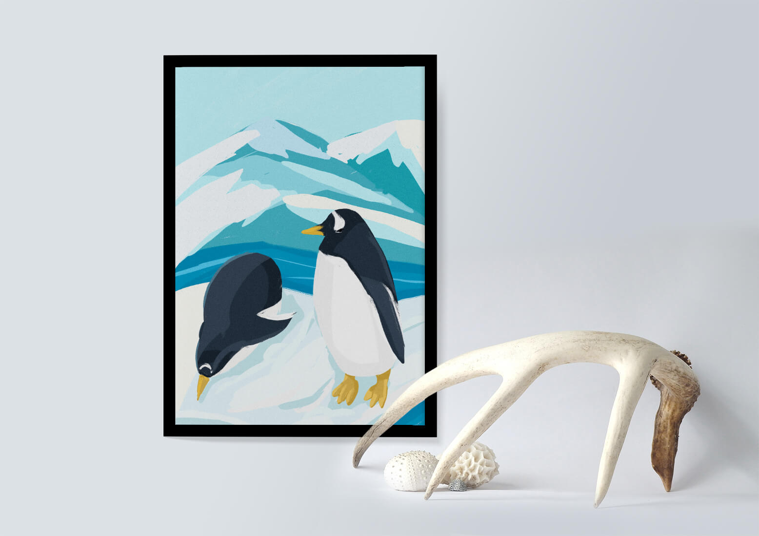 Gentoo penguins in an Antarctic landscape illustration