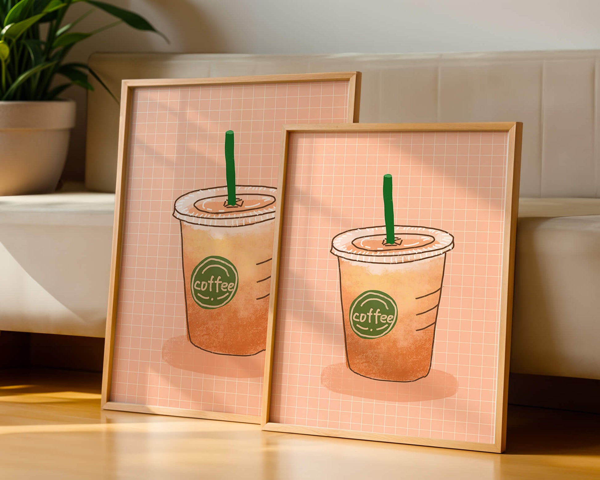Illustrated iced coffee cup on peach grid background