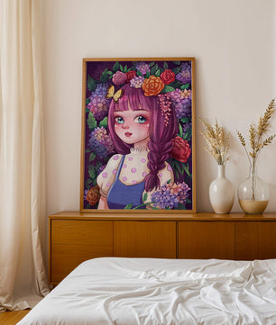 Illustration of a girl with floral crown surrounded by vibrant flowers