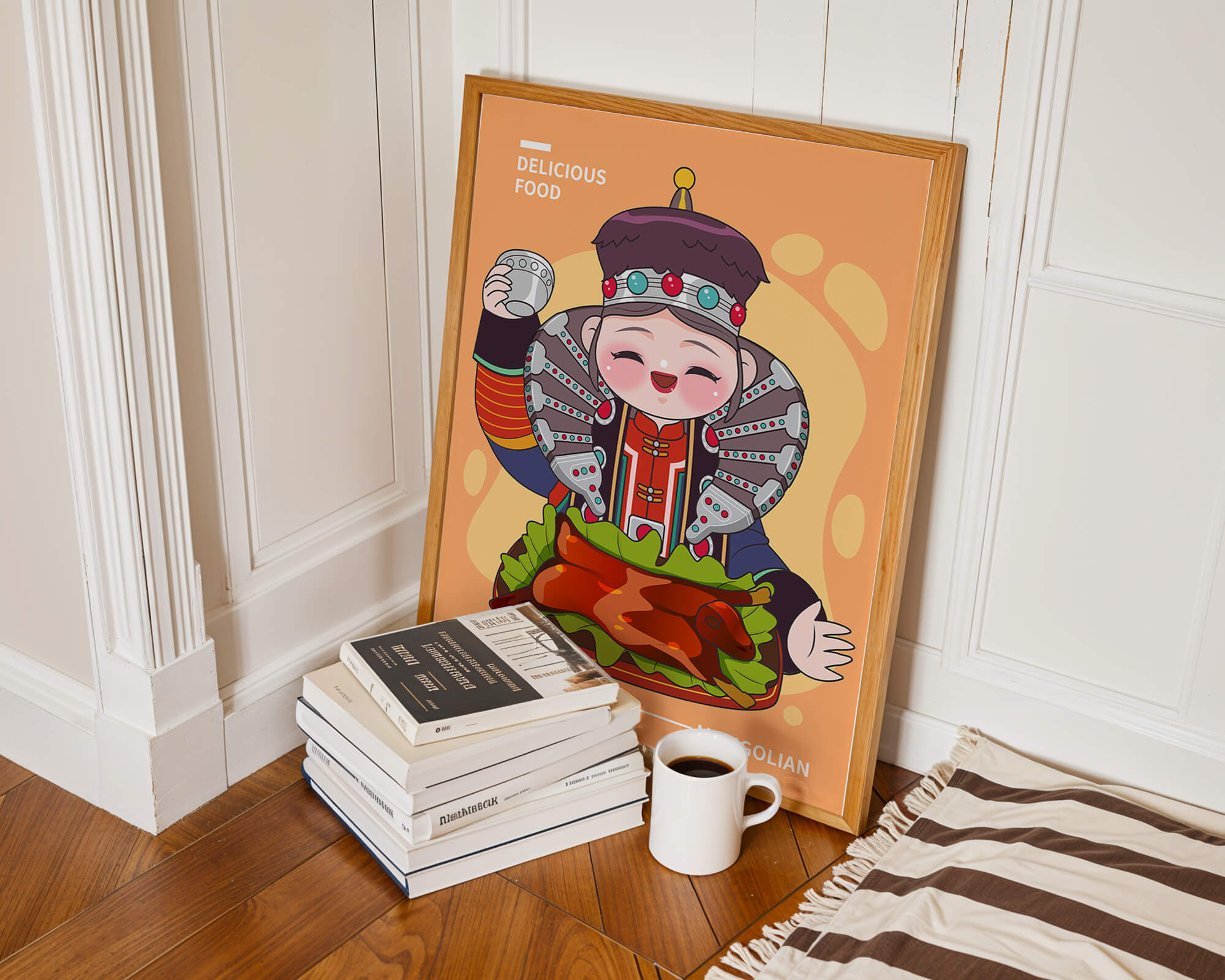 Cartoon character in traditional Mongolian attire with food