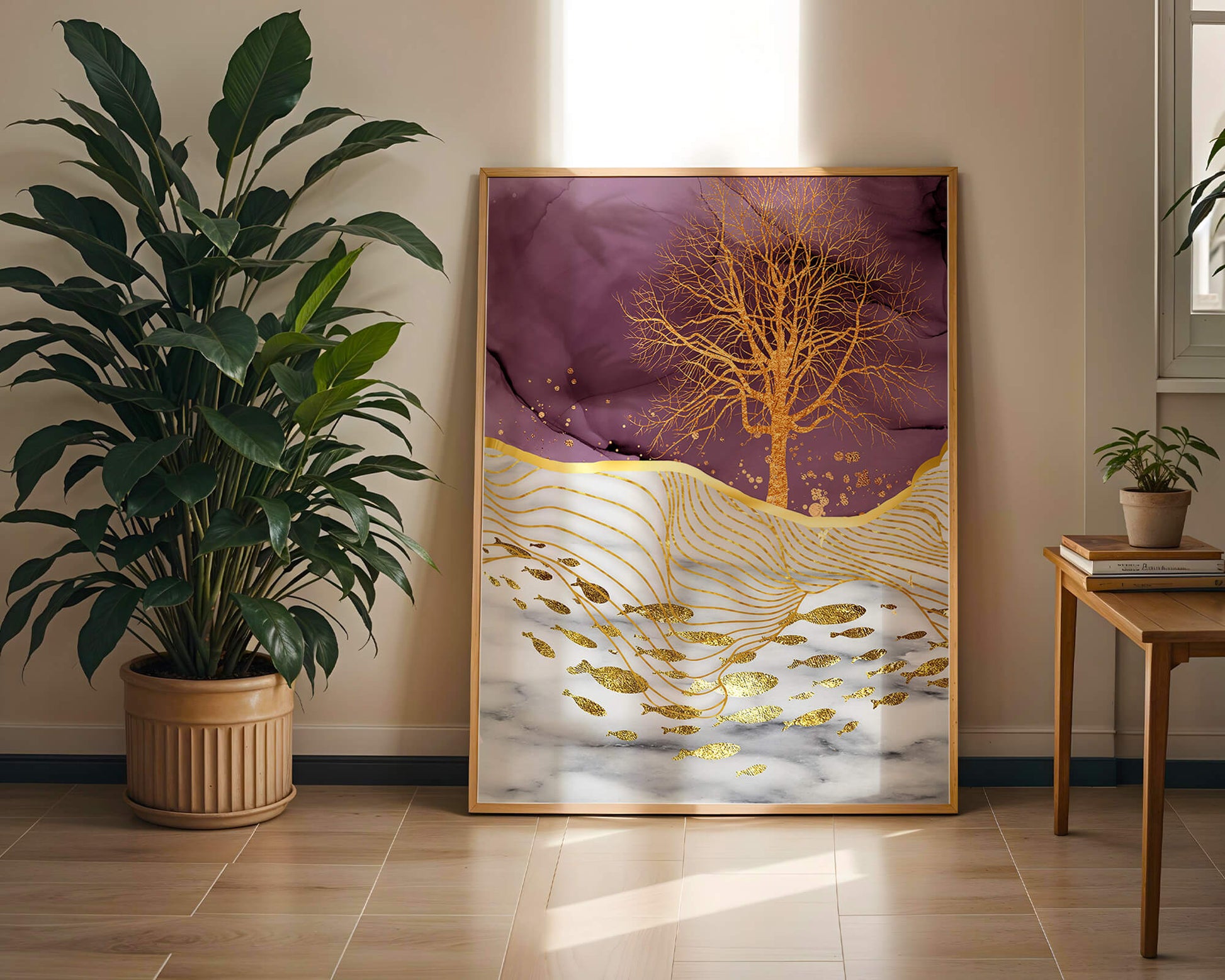 Abstract Tree with Gold Fish on Marble Background