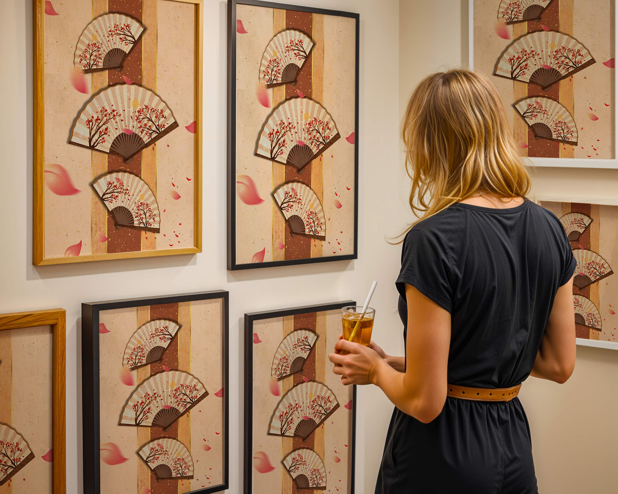 Elegant Japanese Fans with Cherry Blossom Design on Textured Background - Mi tienda