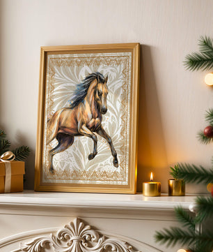 Elegant horse illustration with ornate golden frame