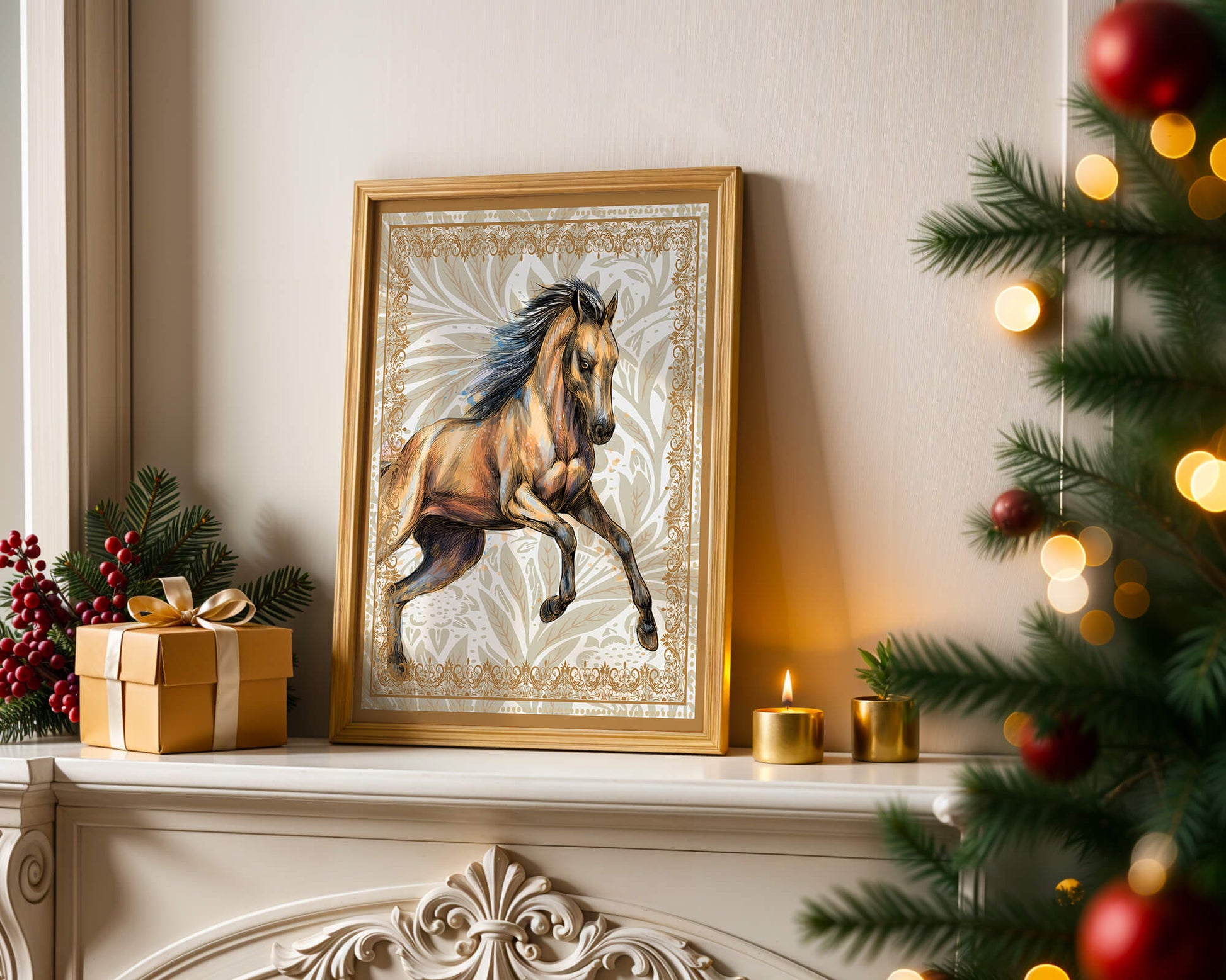 Elegant horse illustration with ornate golden frame