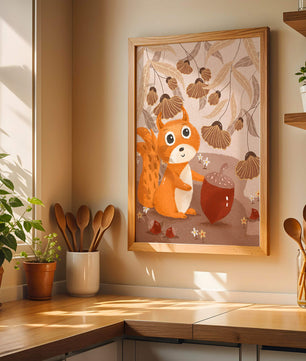 Orange Squirrel with Acorn in Autumn Forest