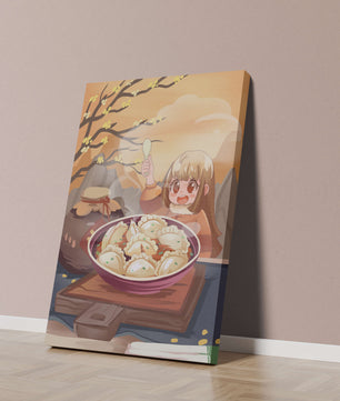 Comida de dumplings acogedora al aire libre en un entorno otoñal soleado con personaje alegre