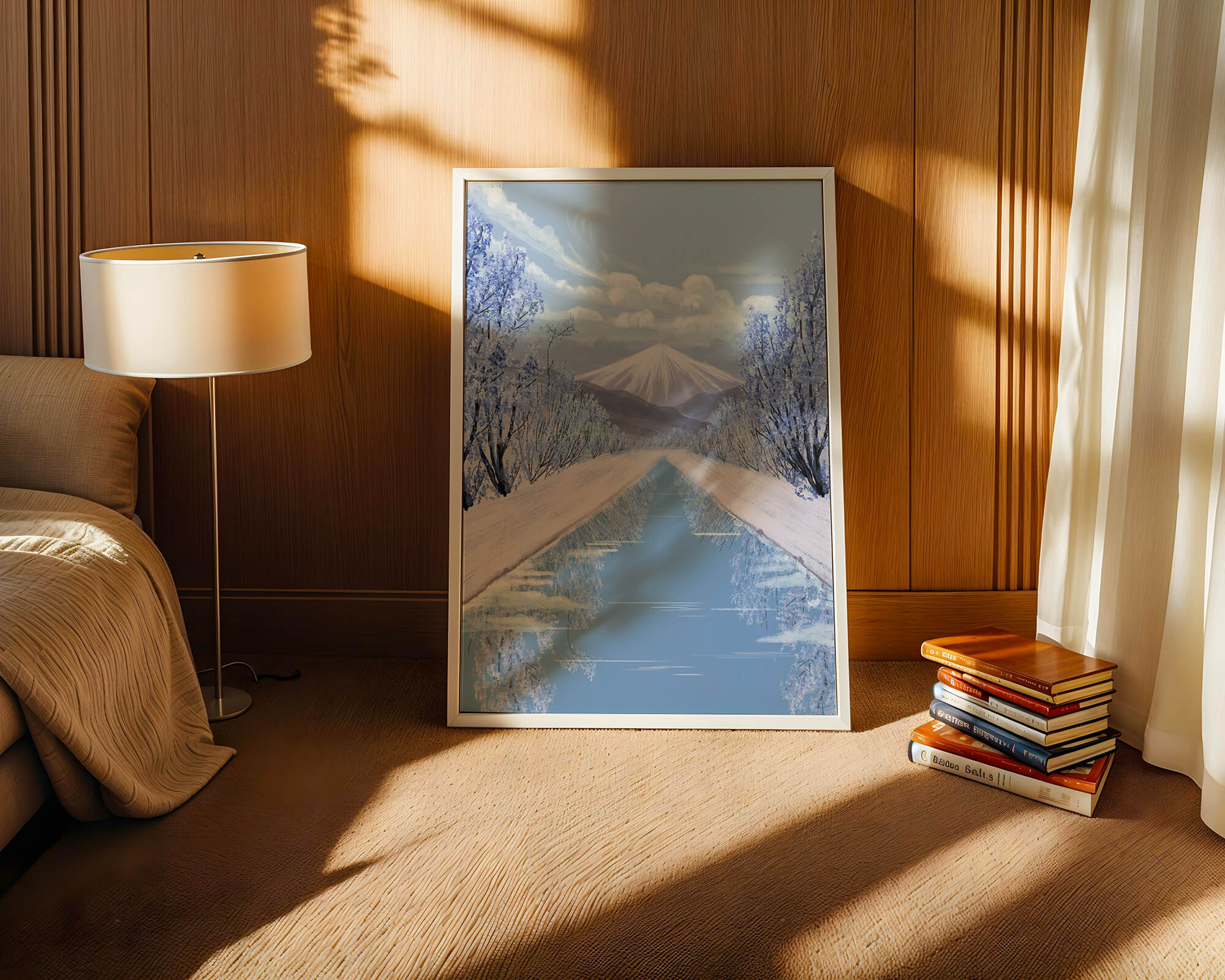 Serene winter landscape with mountain and snowy trees reflecting in water