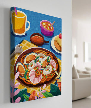 Escena ilustrativa de desayuno colorida con pasta y bebidas