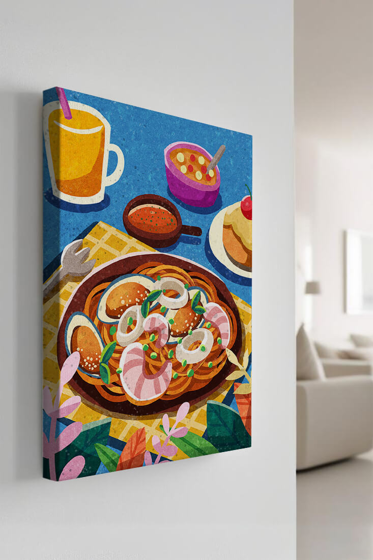 Colorful Illustrative Breakfast Scene with Pasta and Drinks