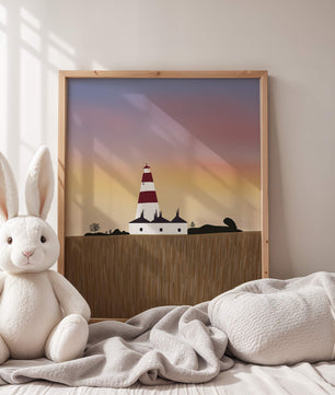 Lighthouse at Dusk with Colorful Sky and Field Landscape