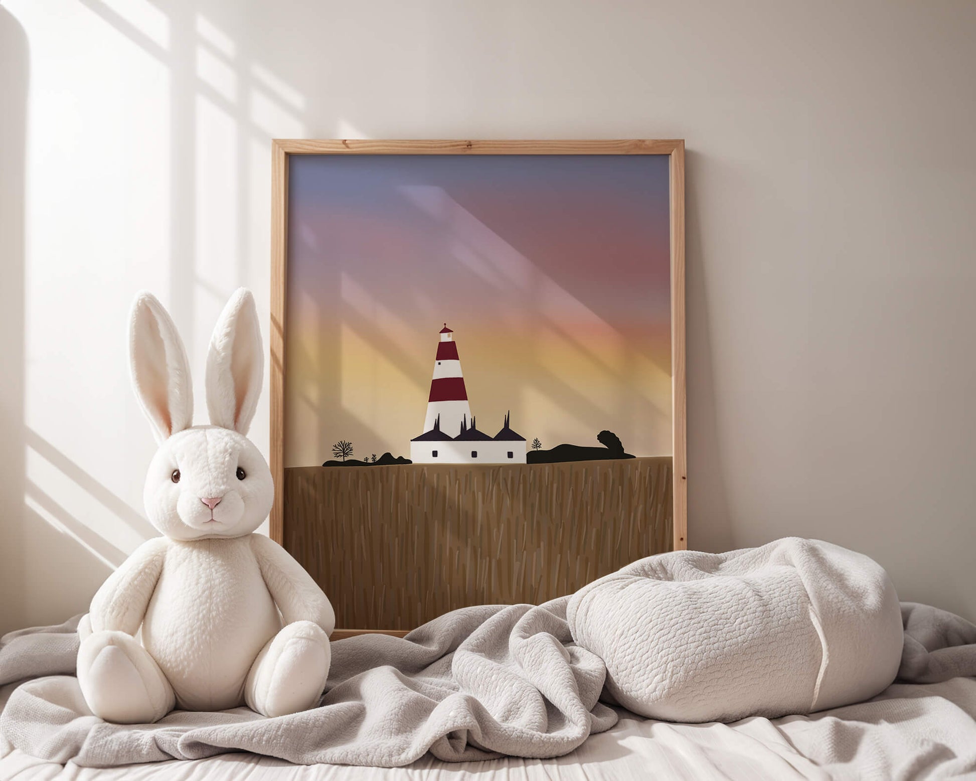 Lighthouse at Dusk with Colorful Sky and Field Landscape