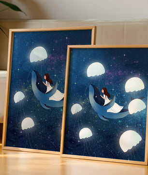 Dreamlike scene of a girl riding a whale among jellyfish in space