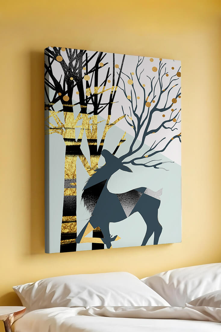 Abstract Deer Silhouette with Golden Accents and Trees