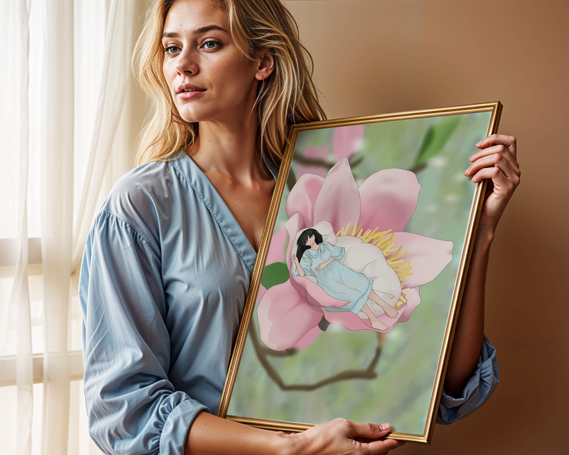 Dreamlike scene of a woman sleeping in a large pink flower