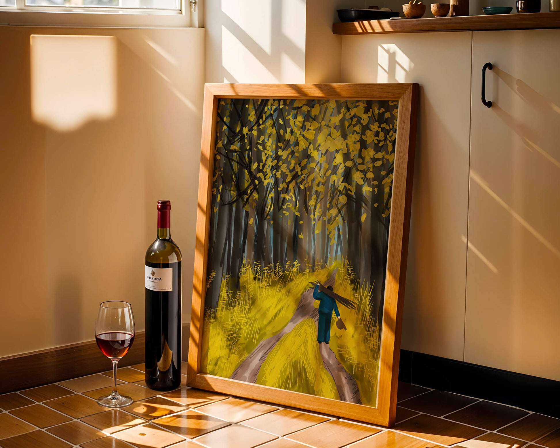 Man Walking Through a Sunny Forest with Golden Leaves