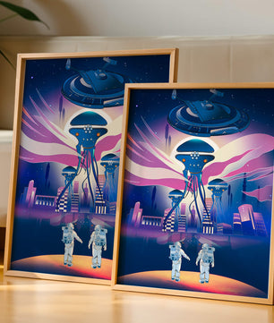 Futuristic Space City With Alien Creatures and Astronauts