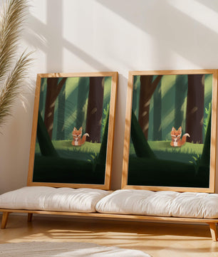 Charmante Illustration eines niedlichen Fuchses in einer ruhigen Waldlandschaft