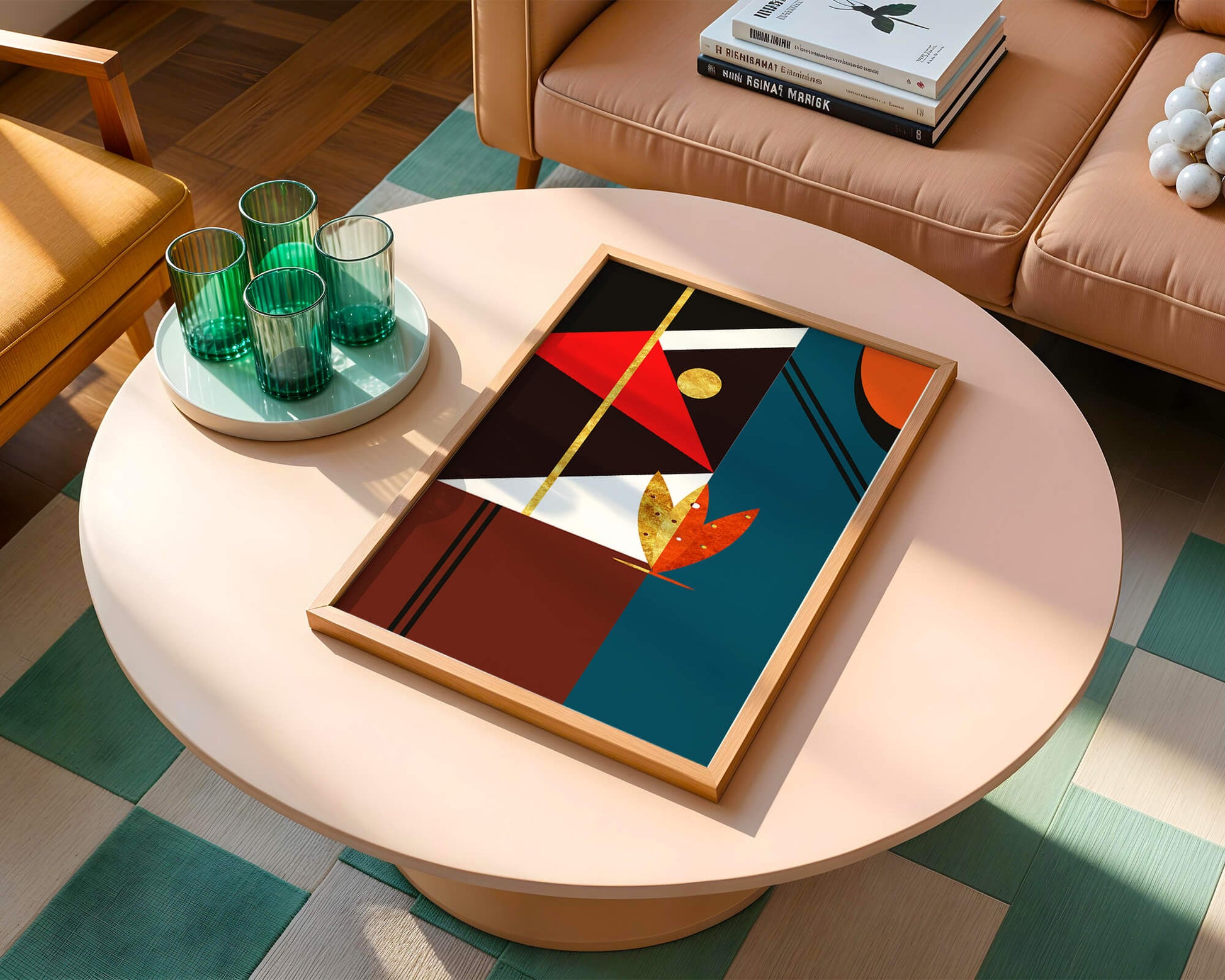 Geometrische abstrakte Kunst mit Gold und kräftigen Formen