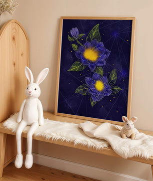 Floral Art with Blue and Yellow Lotus Design on Starry Background