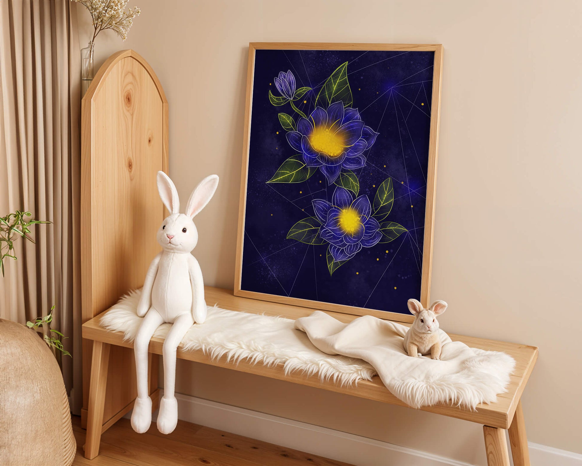 Floral Art with Blue and Yellow Lotus Design on Starry Background
