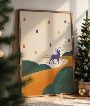 Colorful abstract deer illustration within a serene landscape