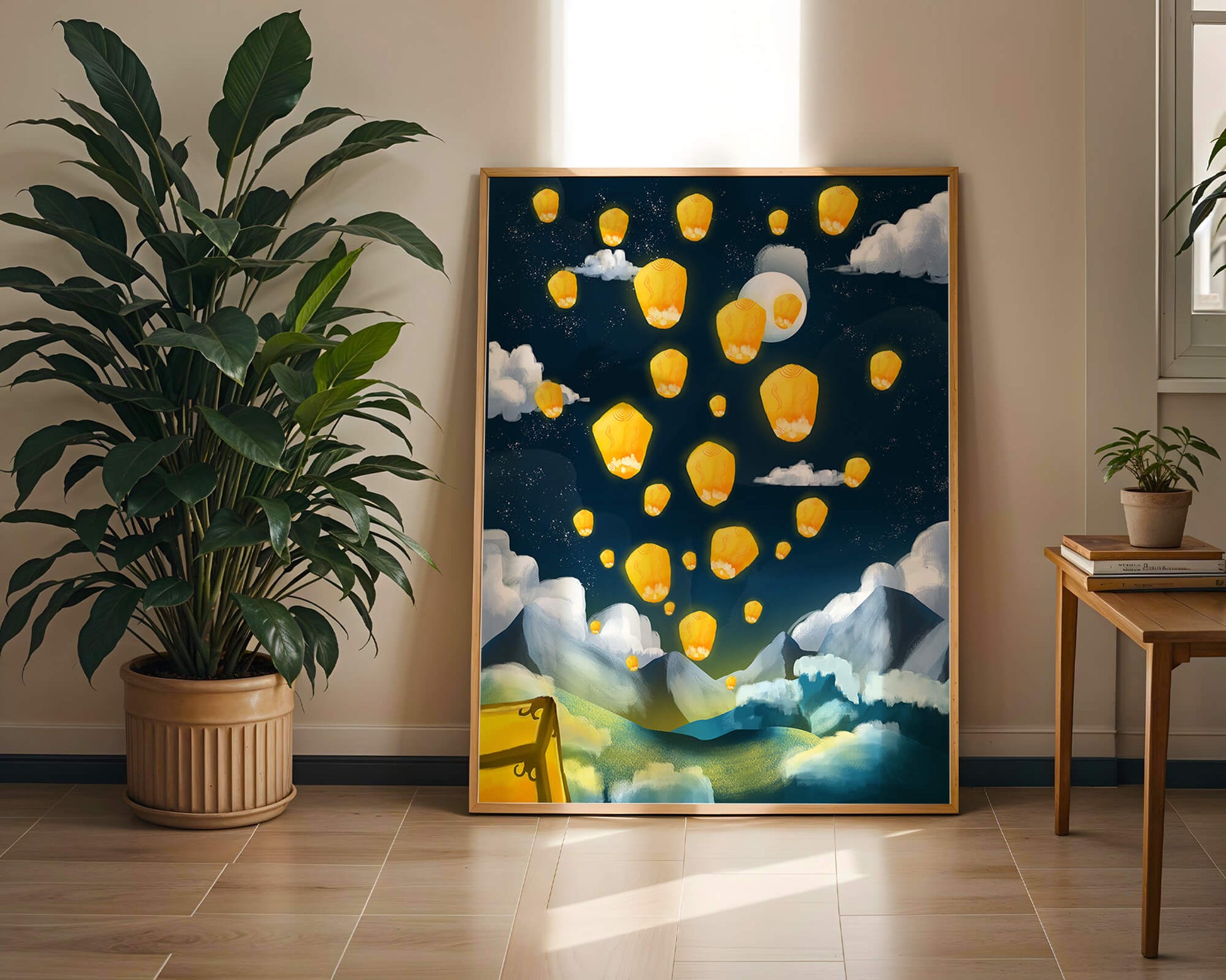 Lanterns floating in a starry night sky over mountains