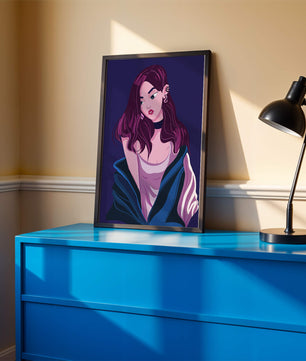 Illustration d'une fille élégante aux cheveux violets et à la veste bleue