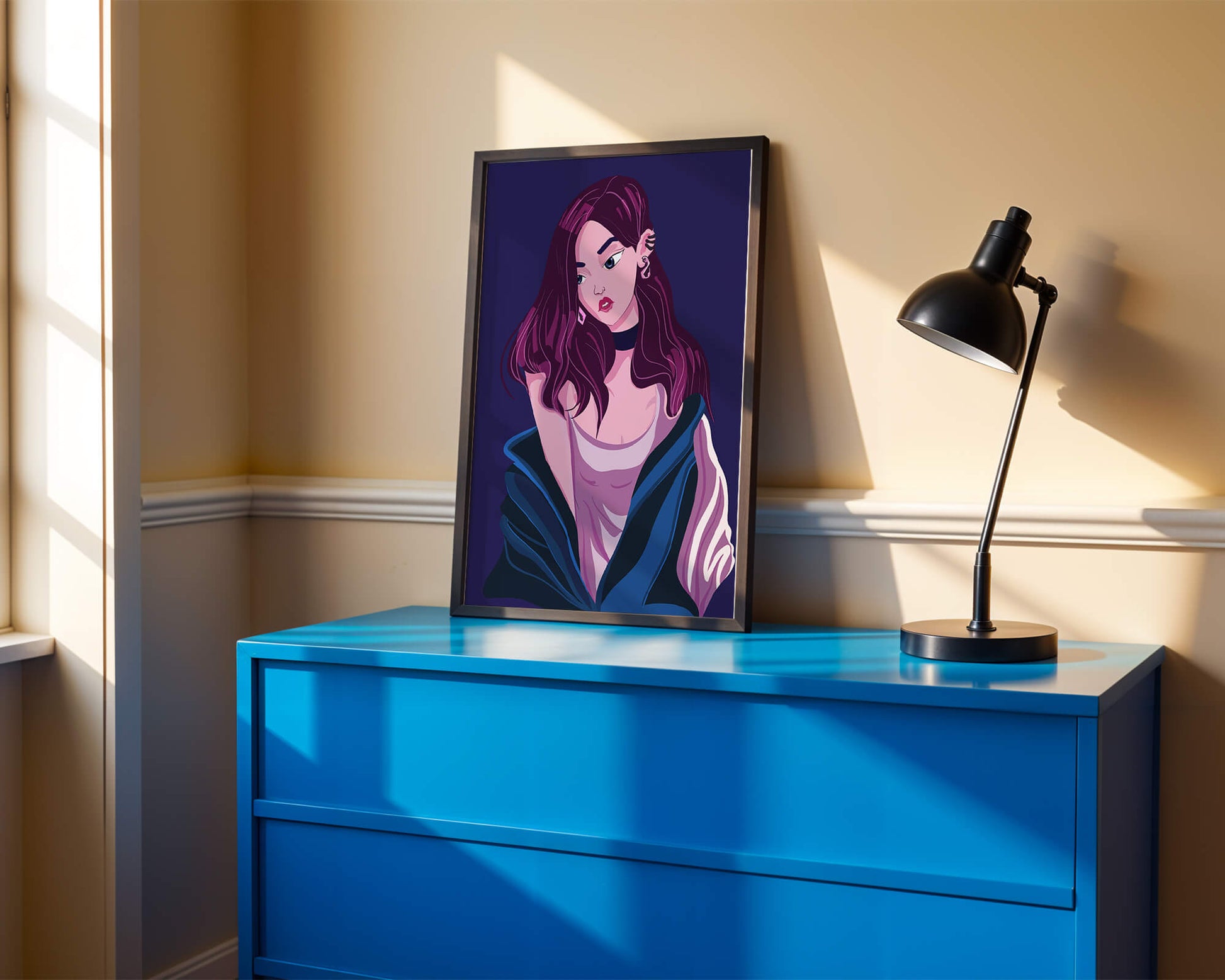 Stylish girl with purple hair and a blue jacket illustration