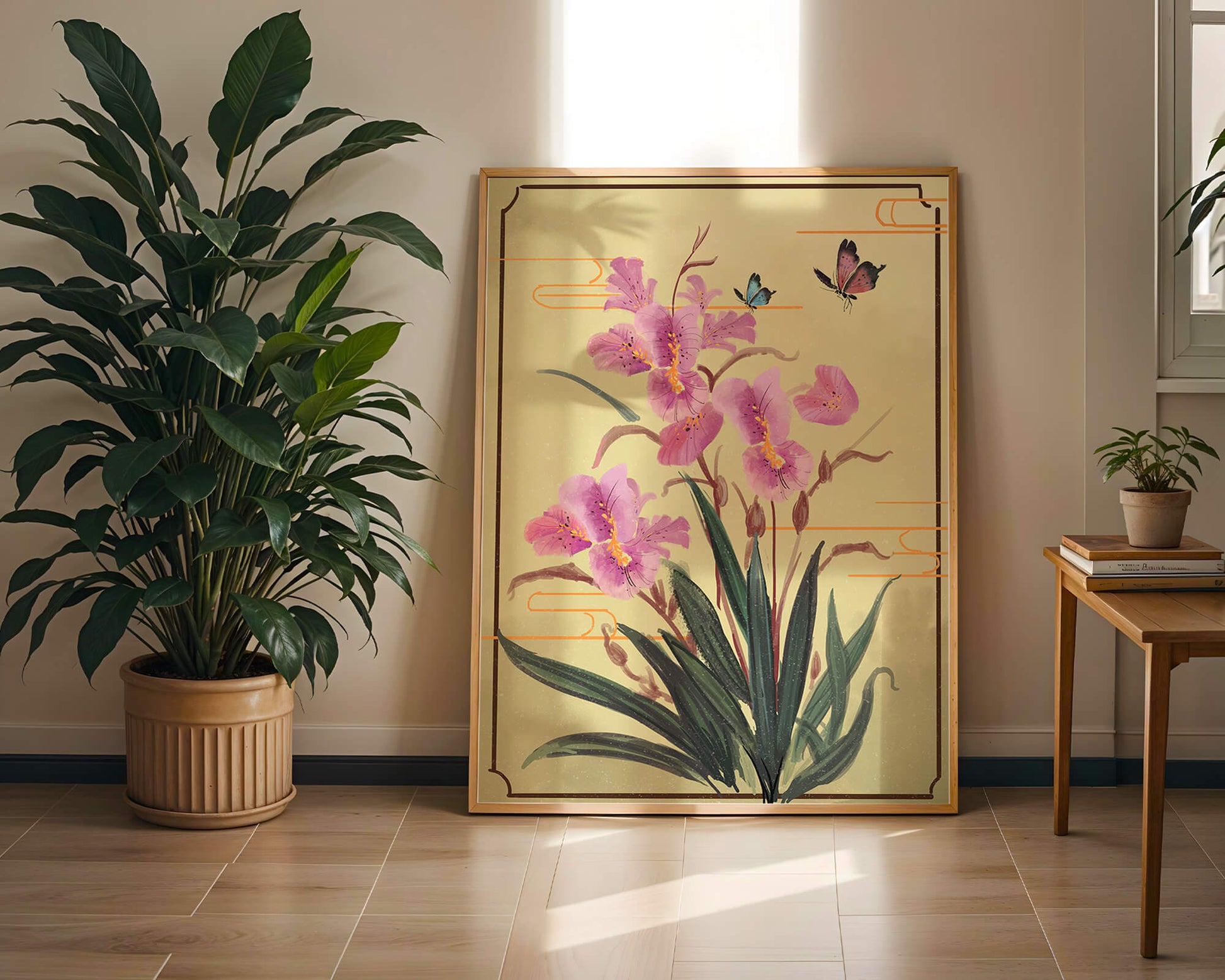 Elegant Floral Composition with Butterflies and Ornamental Background