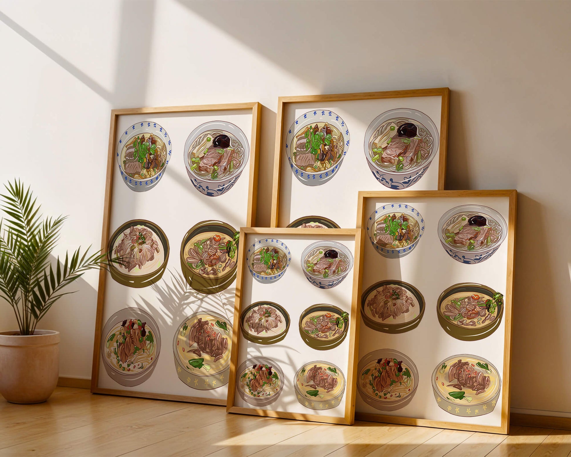 Illustrated bowls of Asian noodle soups with herbs and vegetables