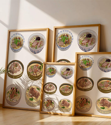 Illustrated bowls of Asian noodle soups with herbs and vegetables
