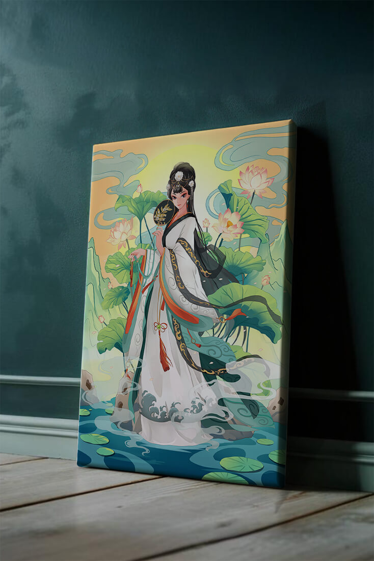 Elegant woman in traditional attire with lotus flowers and serene backdrop