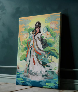 Femme élégante en tenue traditionnelle avec des fleurs de lotus et un décor serein